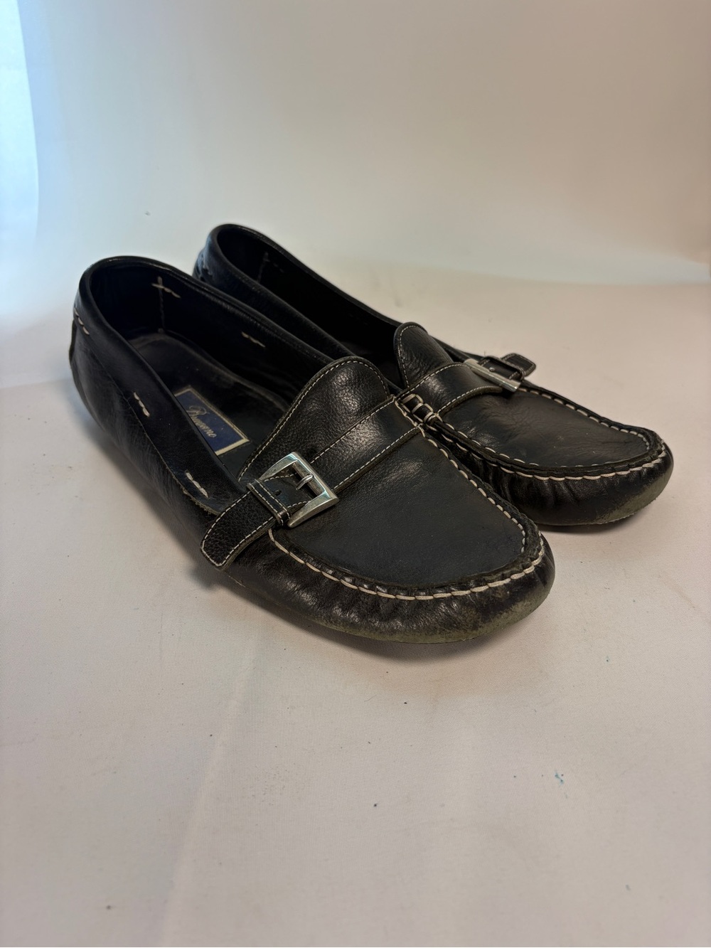 Bragano‎ Classic Black Leather Moccasin Slip-Ons with Silver Buckle